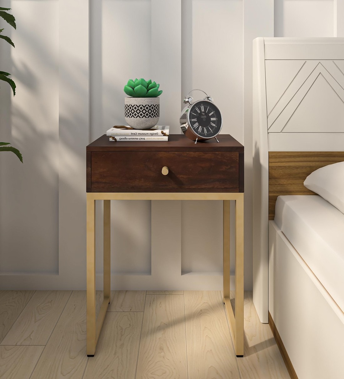 Buy Enrico Metal Bedside Table In Walnut Finish With Drawer at 6 OFF