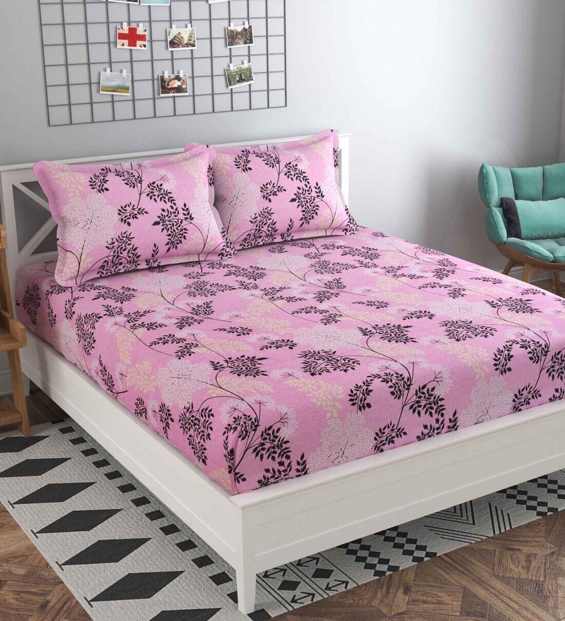 Buy Pink Floral 160 Tc Cotton Blend Queen Sized Bed Sheets With 2 Pillow Covers By Presto Online