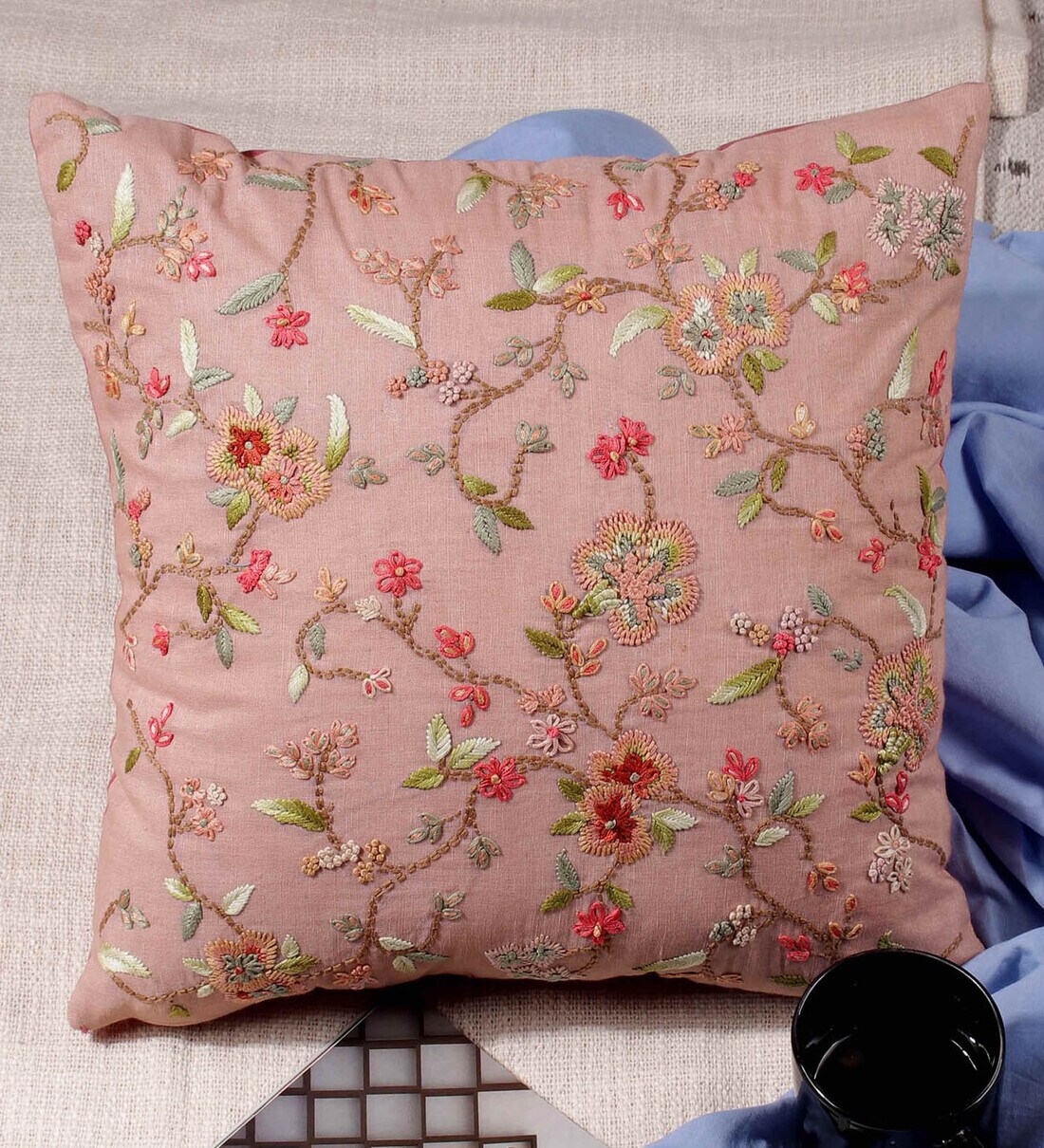 Buy Pink Textured Cotton Linen 16 x 16 Inches Embroidered Cushion Cover