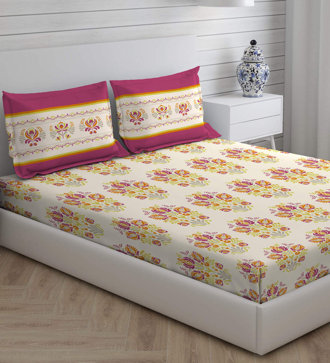 Buy Pink Floral 140 TC Cotton Queen Sized Bed Sheets with 2 Pillow