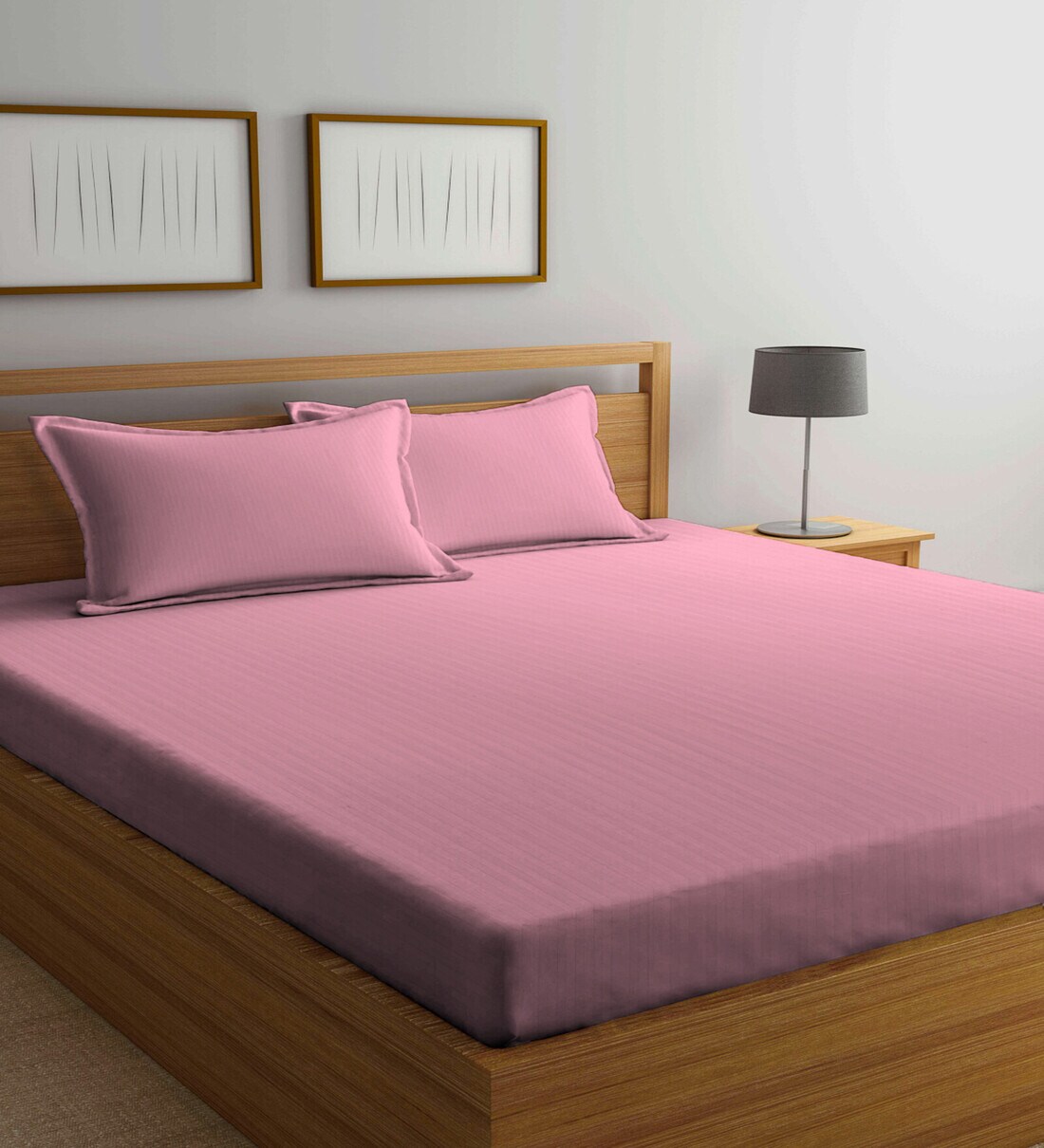 Buy Pink Striped 300 TC Cotton Blend Double Queen Bedsheet With 2