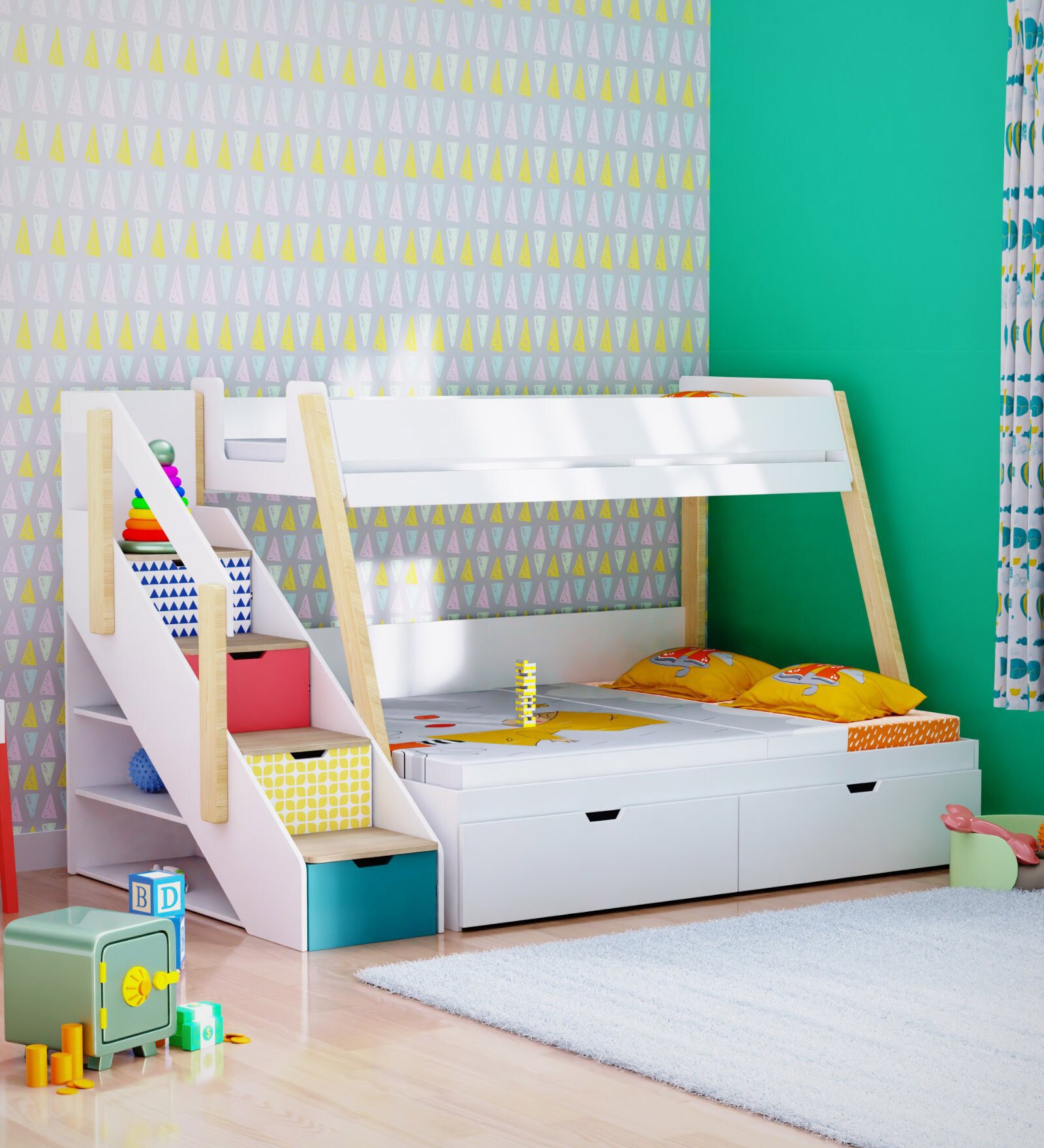 Buy Pine Tree Bunk Bed in White Colour with Drawer Storage By Boingg