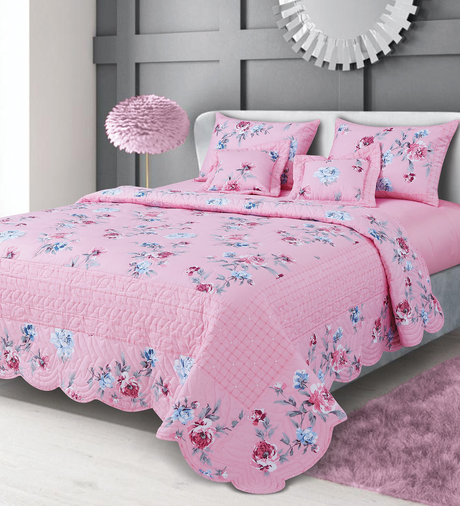 Buy Pink Floral 250 TC Cotton Quilted Double Bed Cover with 2 Pillow