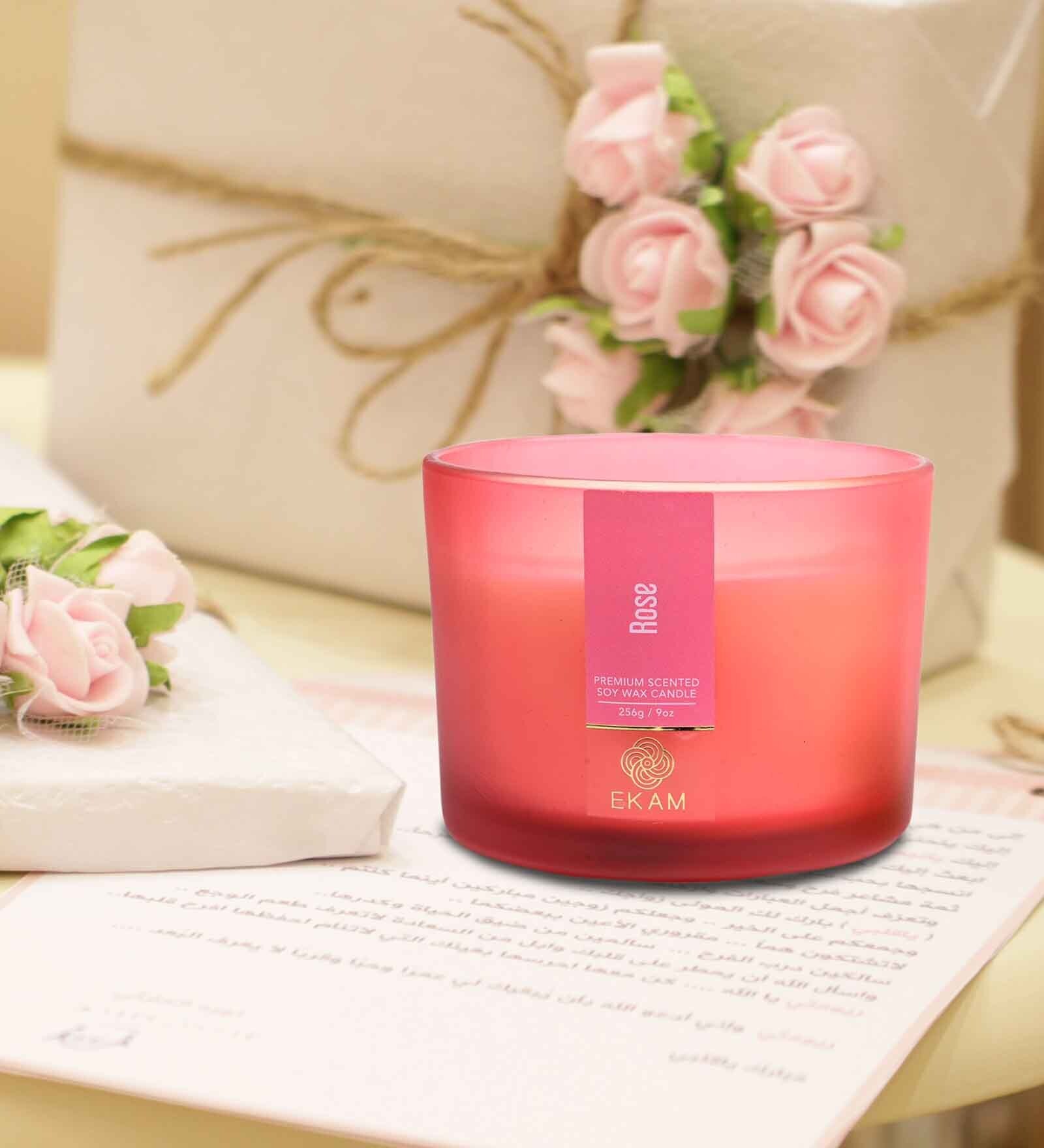 Buy Rose 3 Wick Soy Wax Scented Candle by Ekam Online Scented Candles