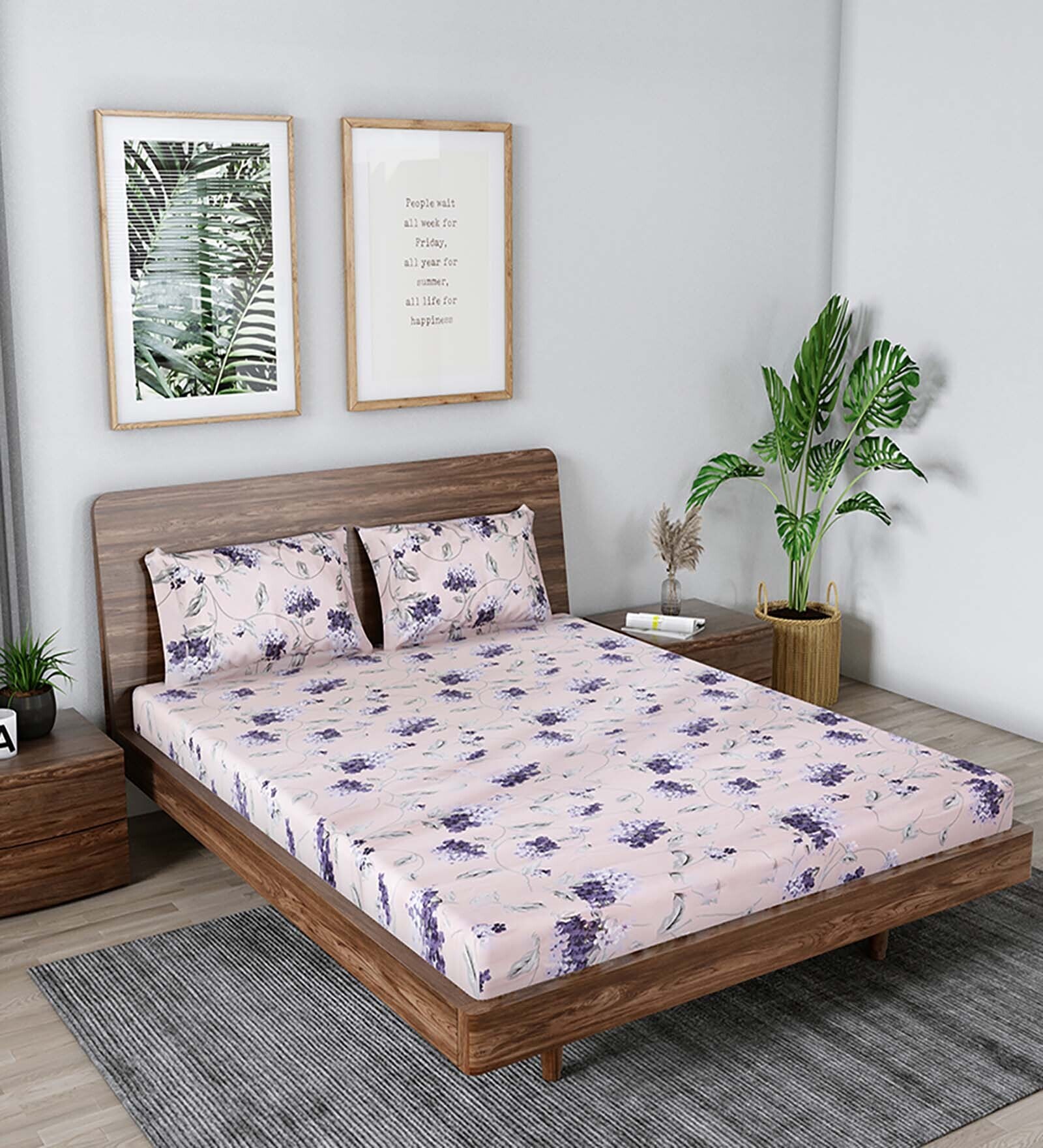 Buy Pink Floral 240 TC Cotton Queen Sized Bed Sheets with 2 Pillow