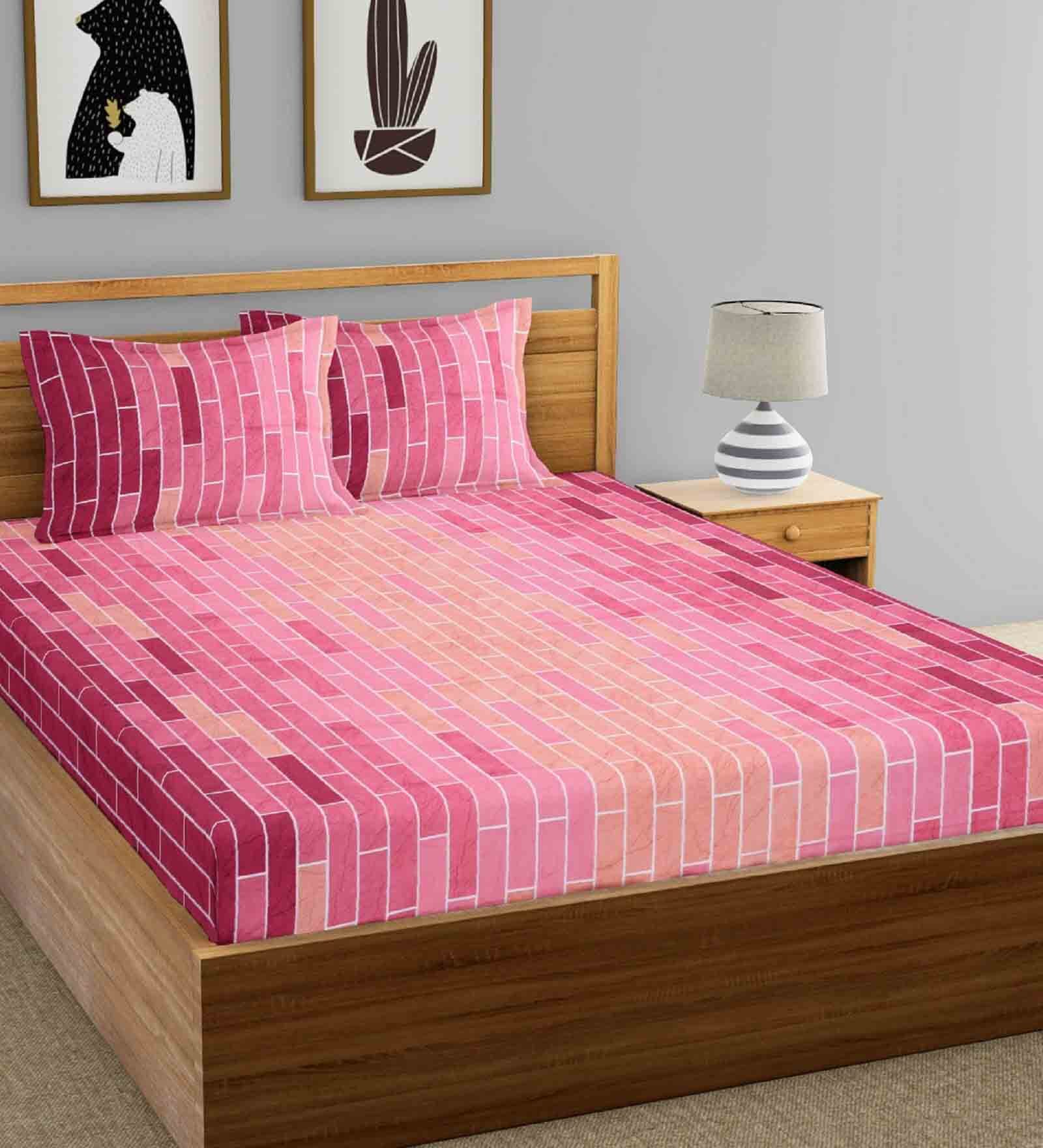 Buy Pink Geometric 144 TC Cotton Queen Sized Bedsheet with 2 Pillow
