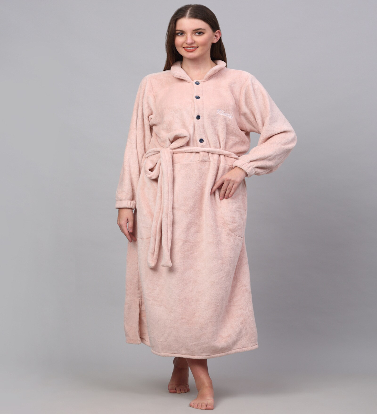 Buy Pink Solid Woolen Women Bath Robe With Belt (L) By Klotthe Online