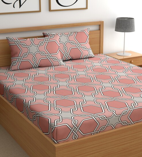 Pink 180 TC Geometric Cotton Queen Double Bedsheet 2 Pillow covers