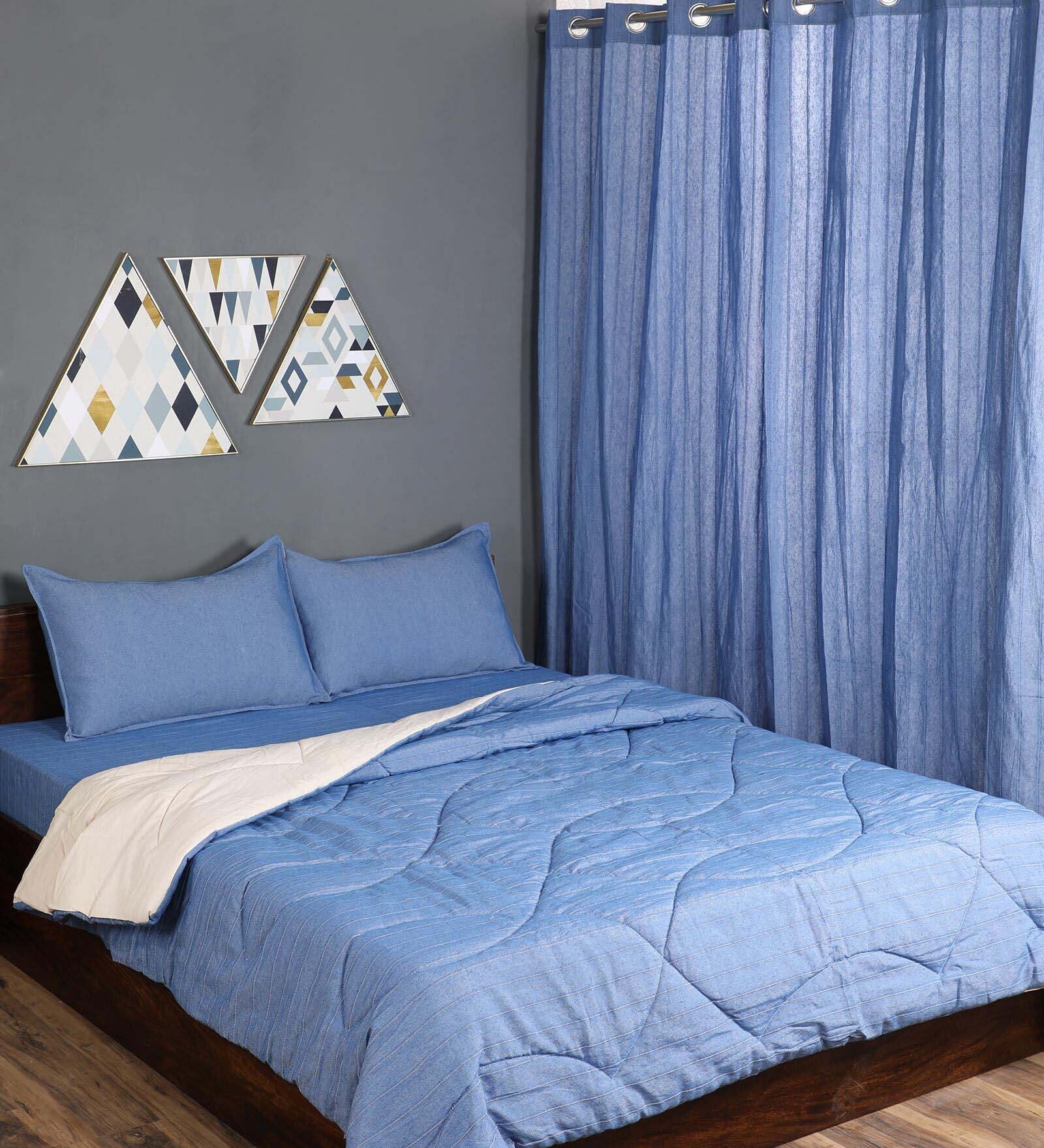 Buy Blue Solid 210 TC Cotton (Set of 6) Double Bed Bedding Sets by