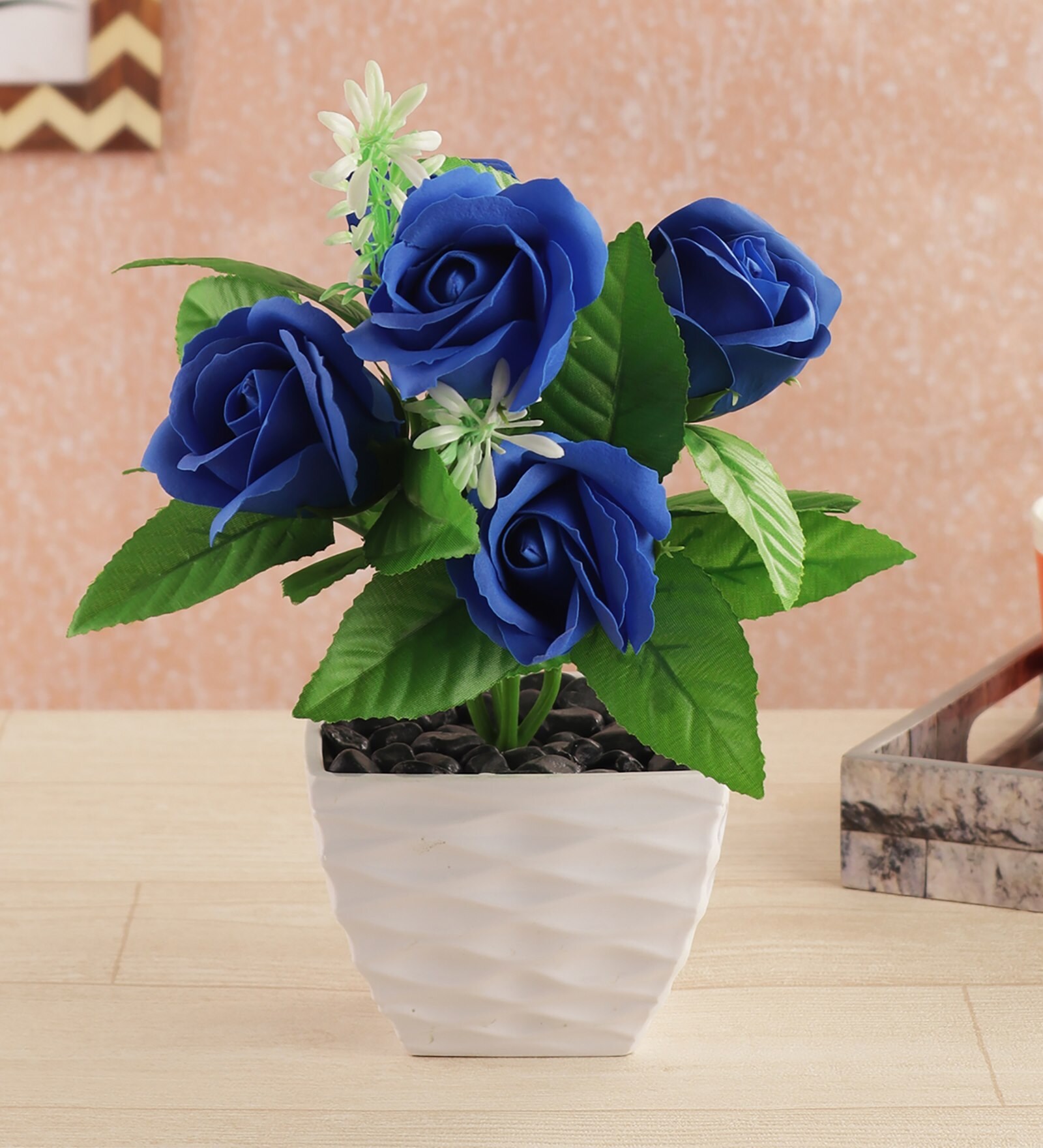 Buy Polyester Artificial Blue Rose Plant with Melamine Pot by Foliyaj