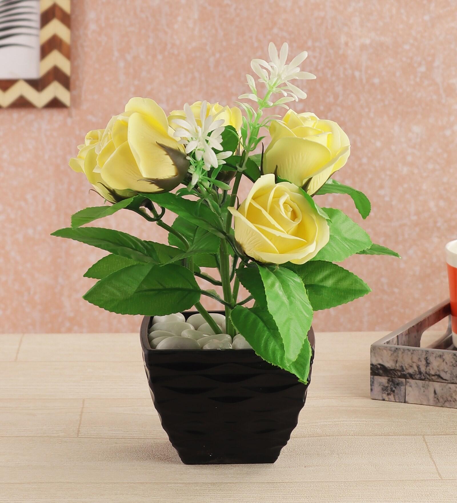 Buy Polyester Artificial Yellow Rose Plant with Melamine Pot by Foliyaj