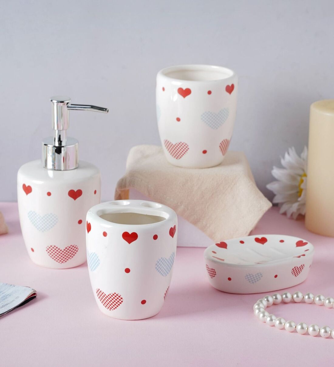 Buy Premium Little Hearts White Ceramic Bathroom Accessory Set (Pack of