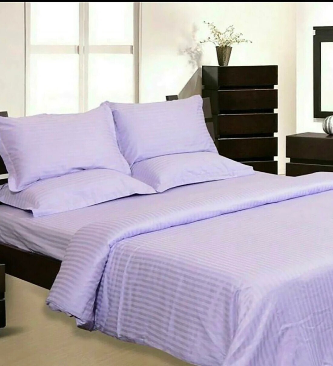 Buy Purple Striped 280 TC Cotton Blend Queen Sized Bed Sheets With 2