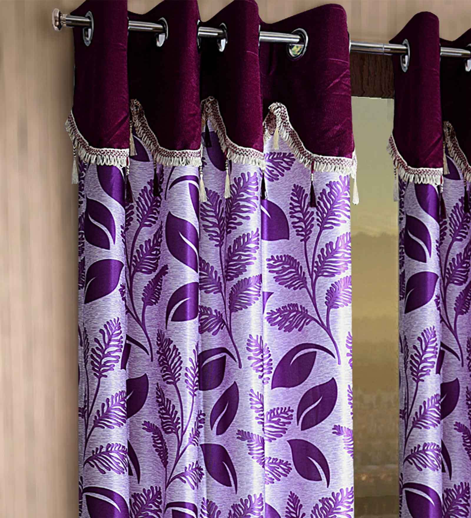 Buy Purple Floral Polyester 7 Ft Semisheer Eyelet Door Curtains (Set of