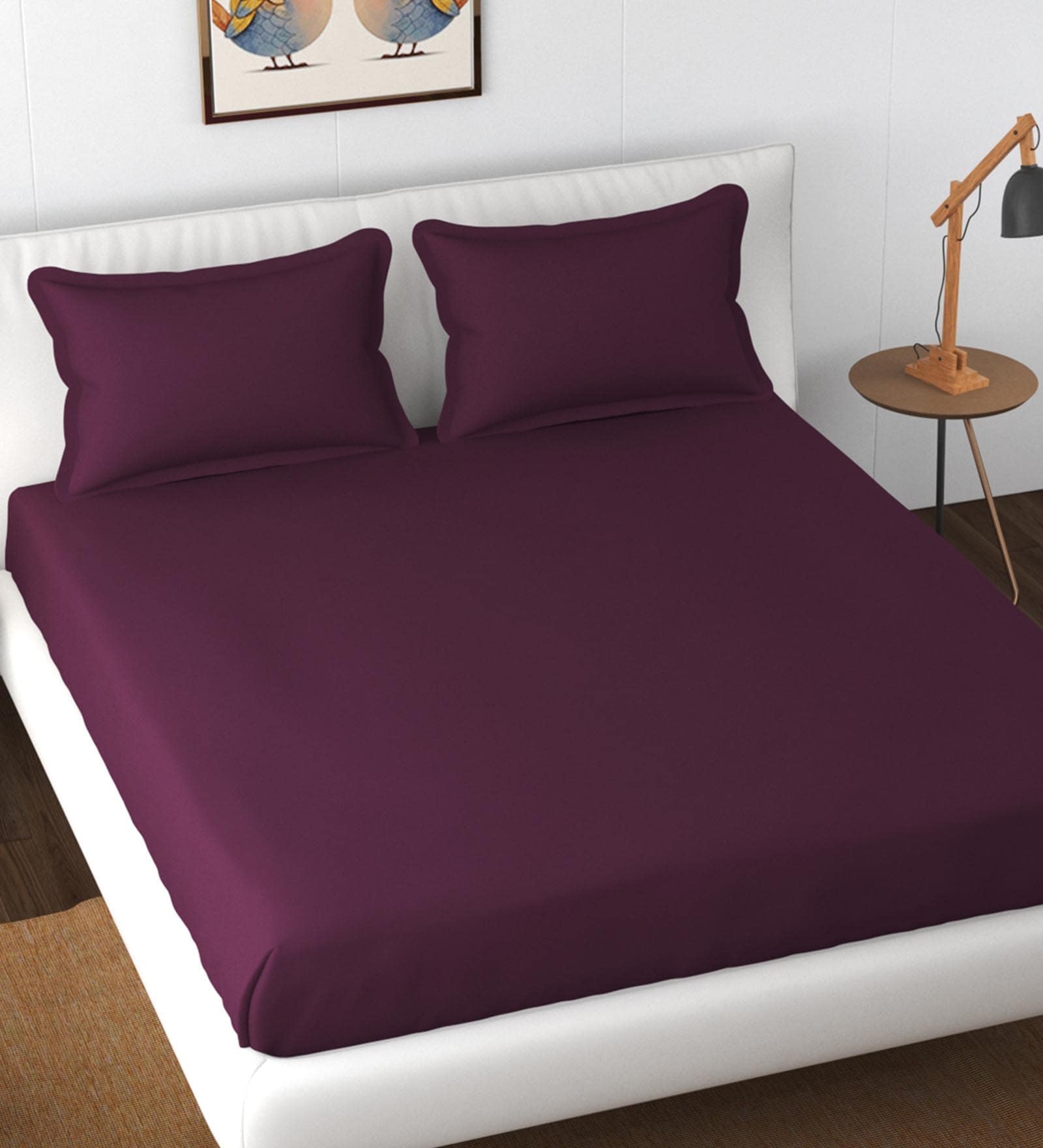 Buy Purple Solid 300 TC Cotton King Size Fitted Bedsheet With 2 Pillow