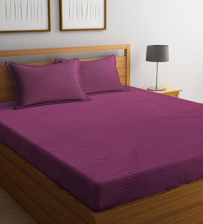 Buy Purple Striped 300 TC Cotton Blend King Sized Bed Sheets with 2