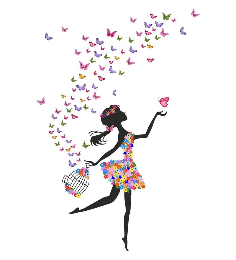 Pvc Vinyl Dreamy Girl With Flying Colourful Butterflies Wall Sticker By Walltola