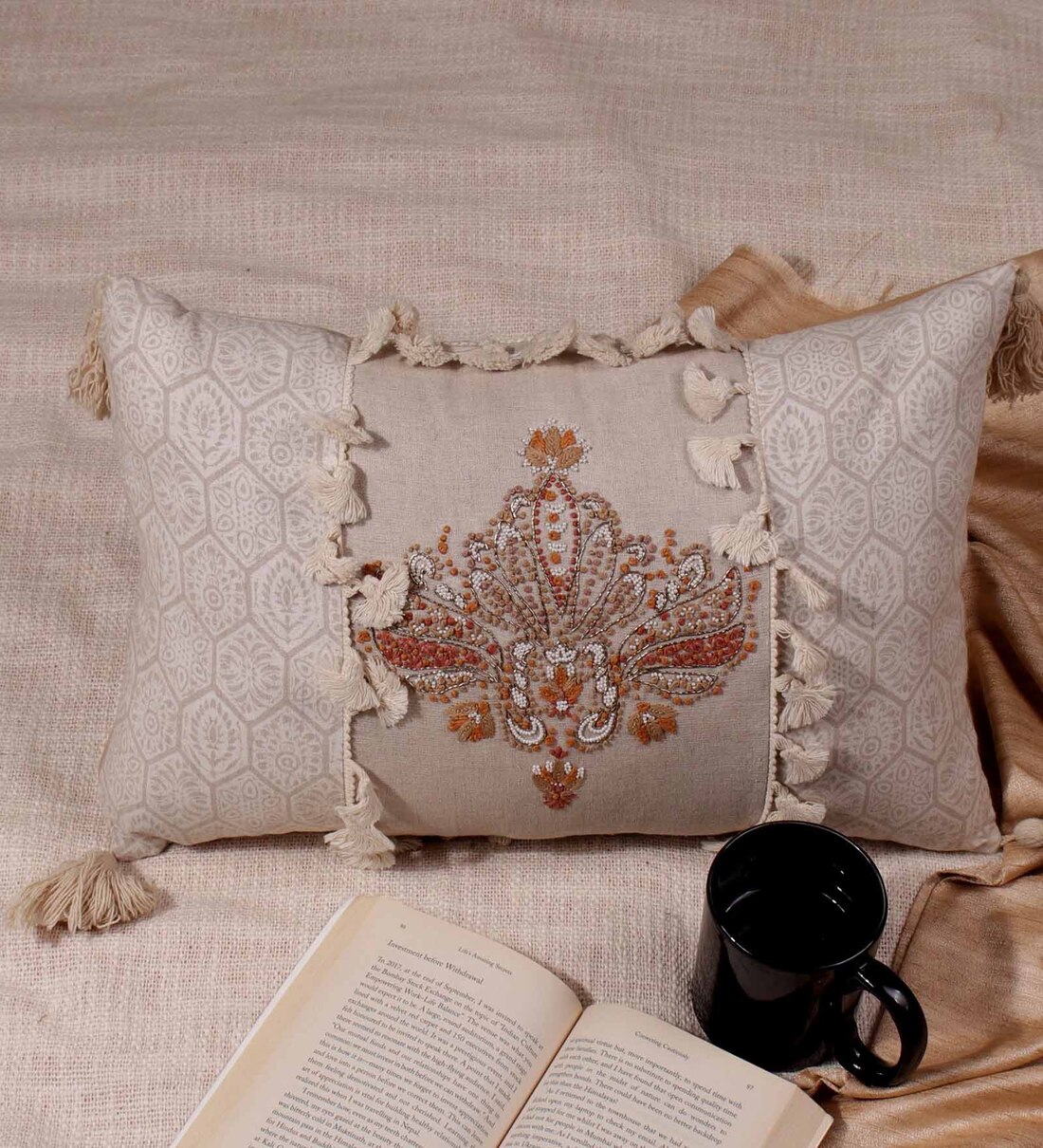 Buy Beige Traditional Blended Linen 18 x 12 Inches Embroidered Cushion ...