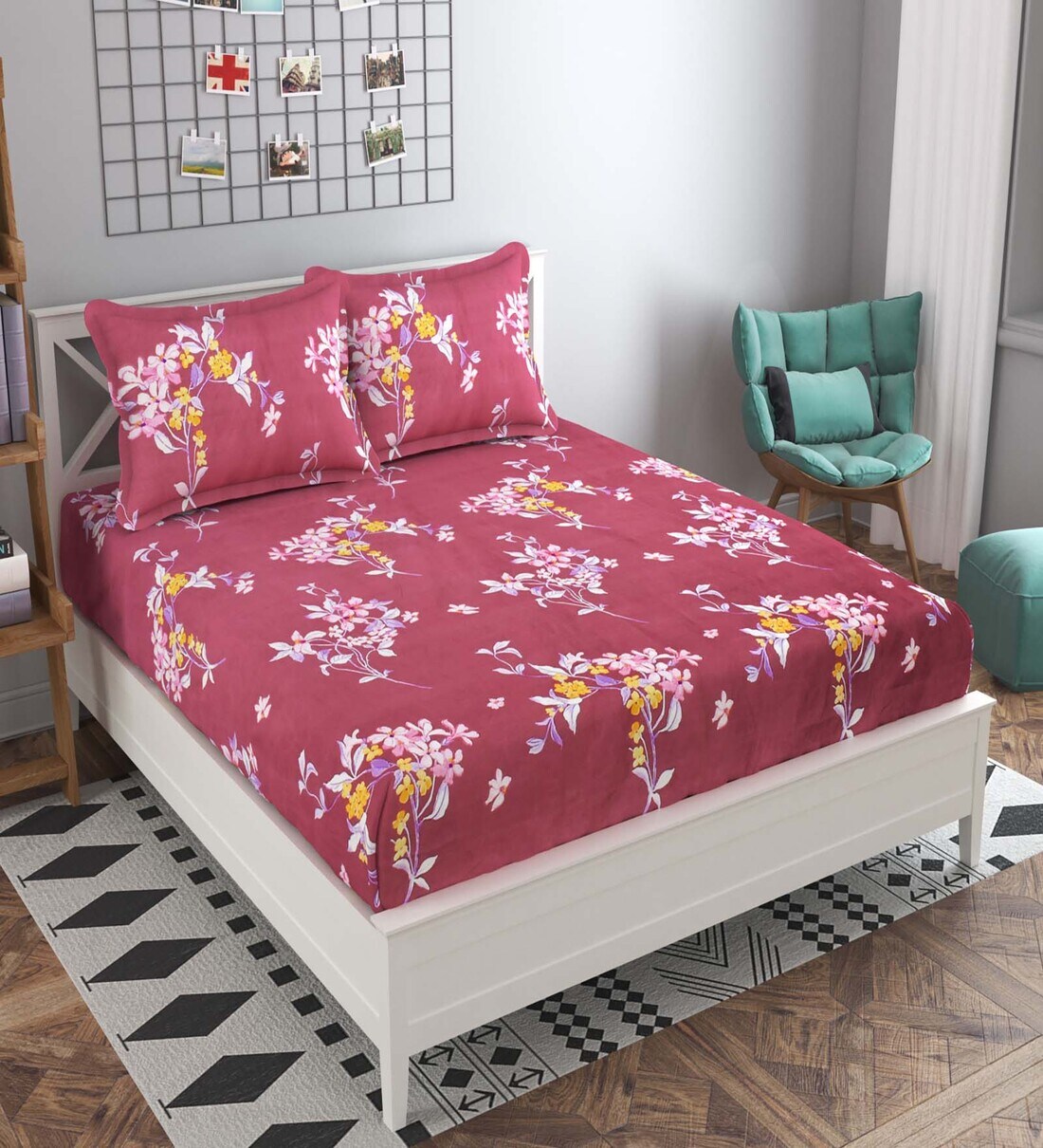 Buy Red Floral 160 TC Cotton Queen Sized Bed Sheets with 2 Pillow