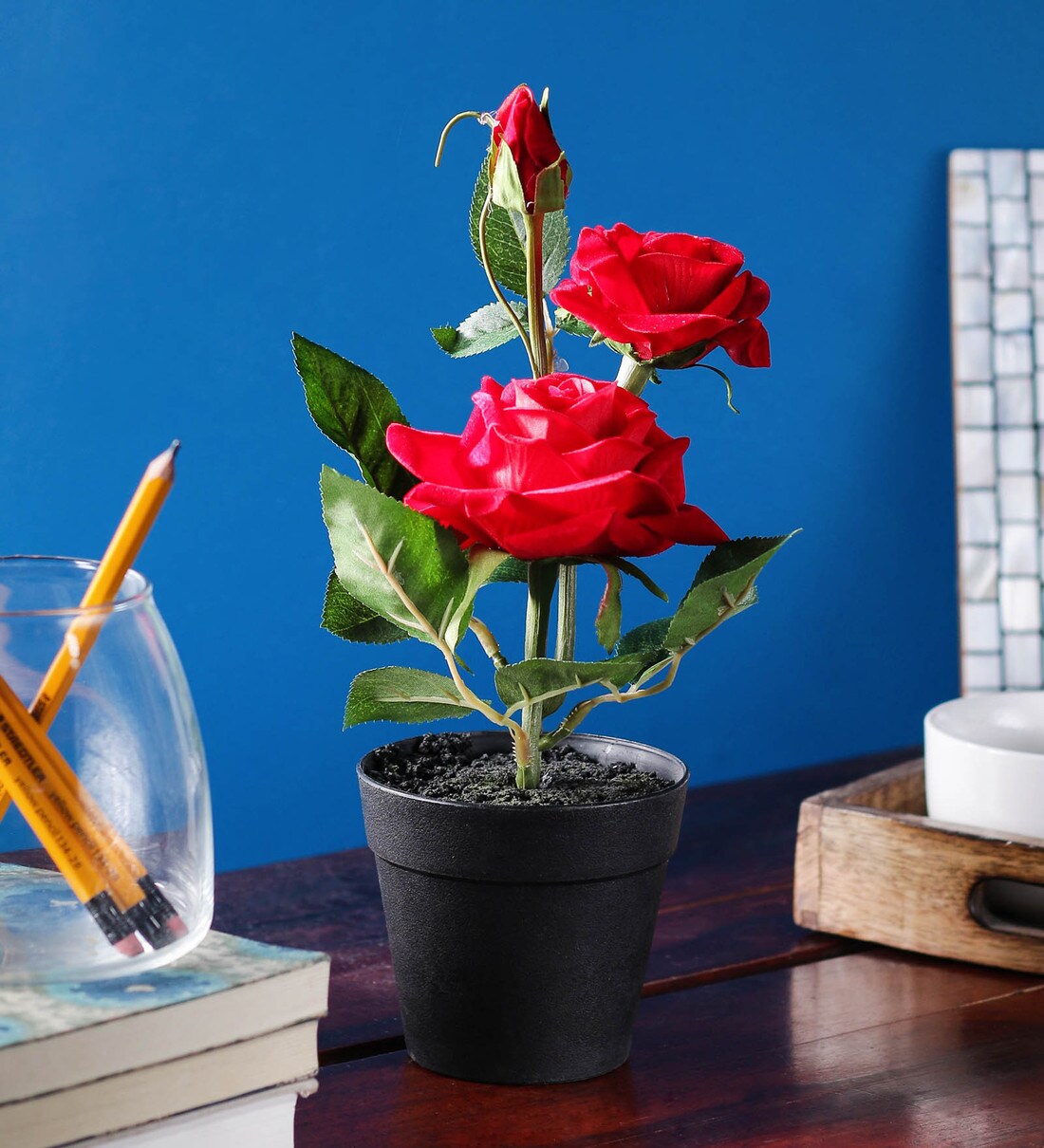 Buy Red PP & PVC Artificial Rose Flower with Pot by Wonderland Online