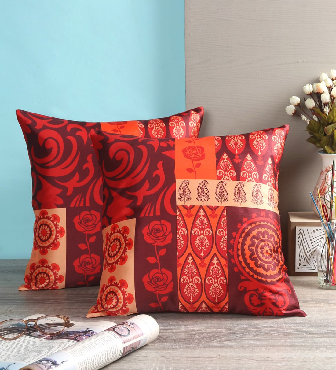 Buy Red Traditional Silk 16 x 16 Inches Cushion Covers (Set of 2) by M