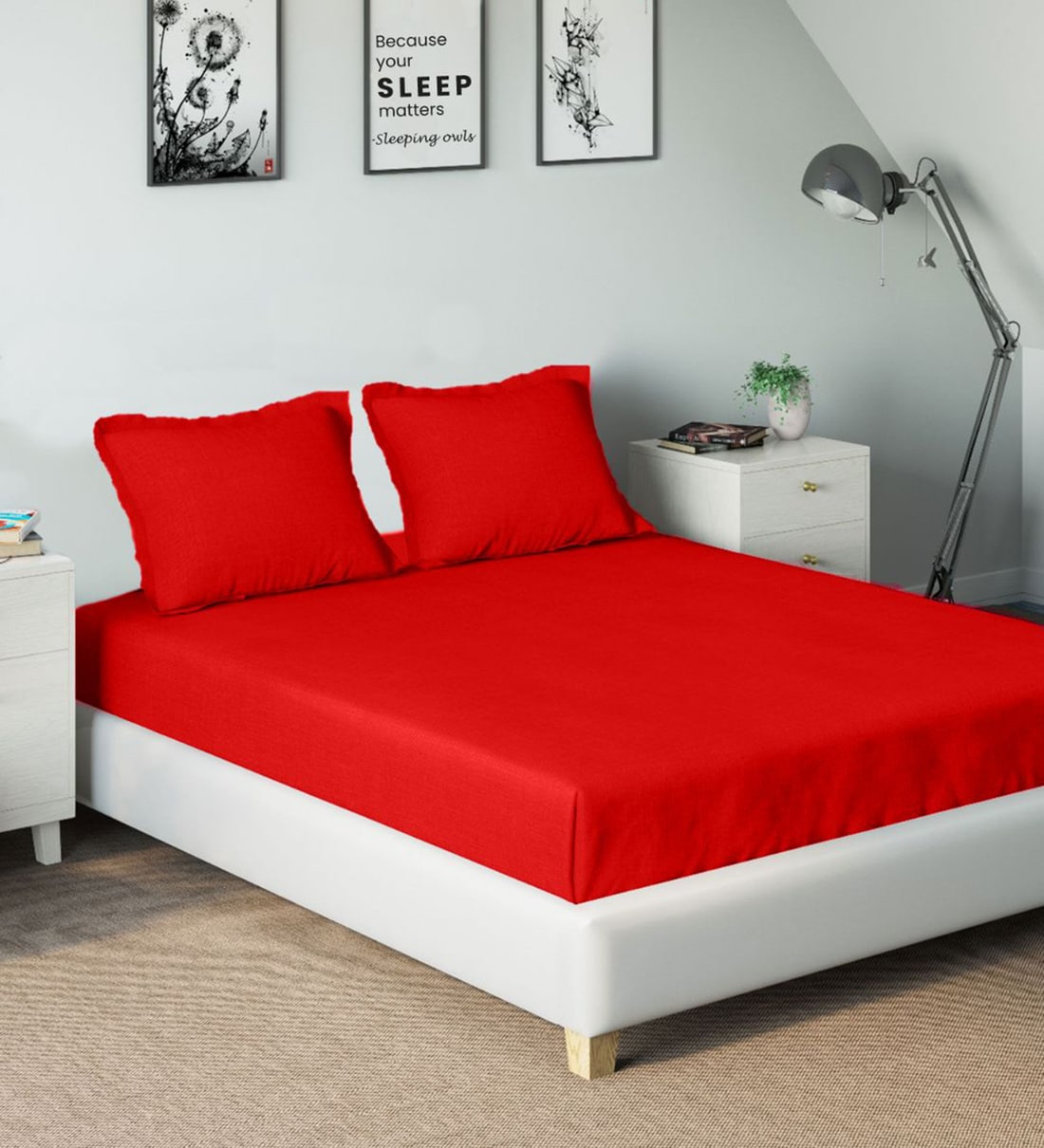 Buy Red Solid 210 Tc Cotton Single Bed Sized Bed Sheets With 2 Pillow Covers By Sleeping Owls At