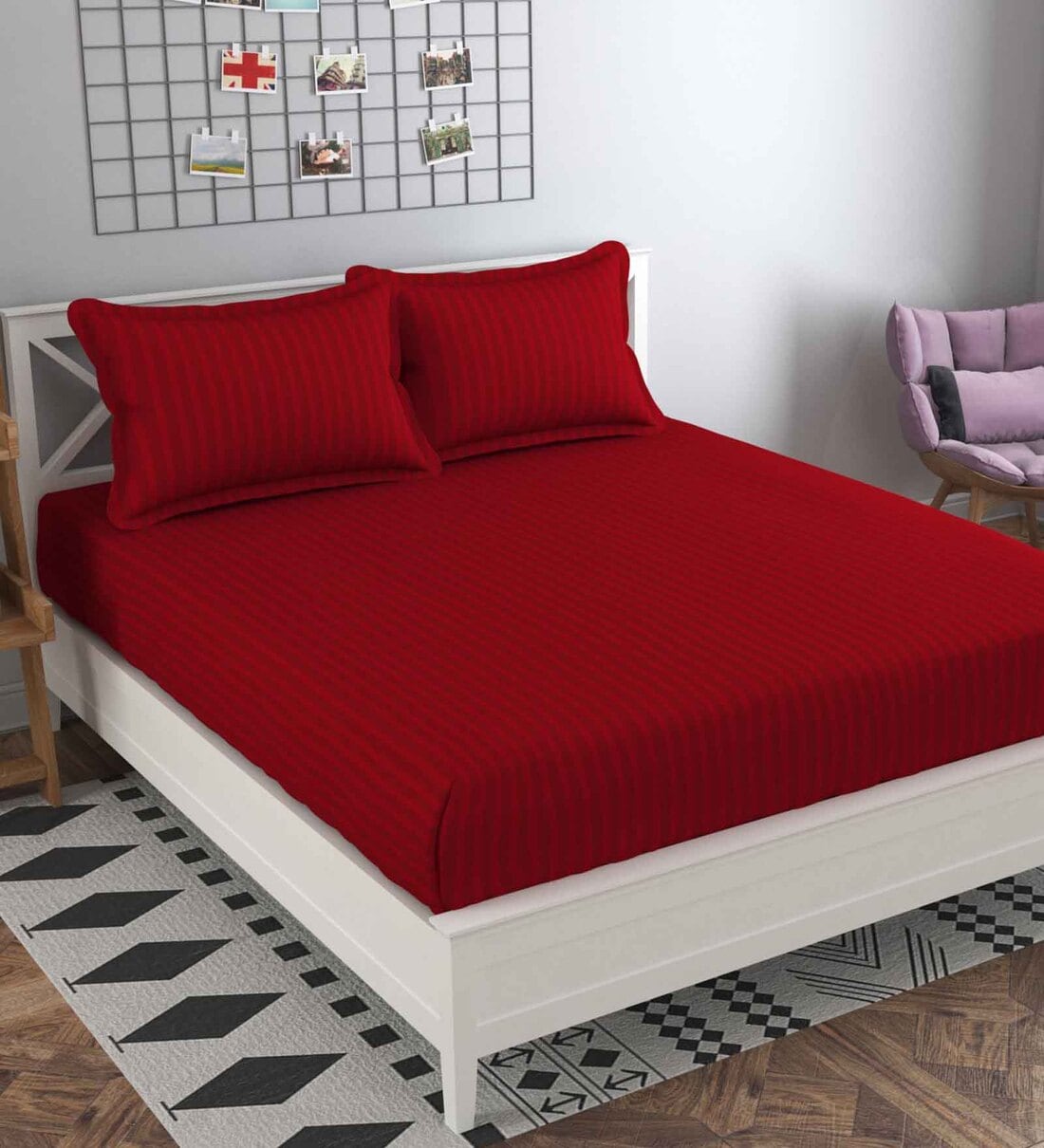Buy Red Striped 210 TC Cotton Blend Queen Sized Bed Sheets with 2