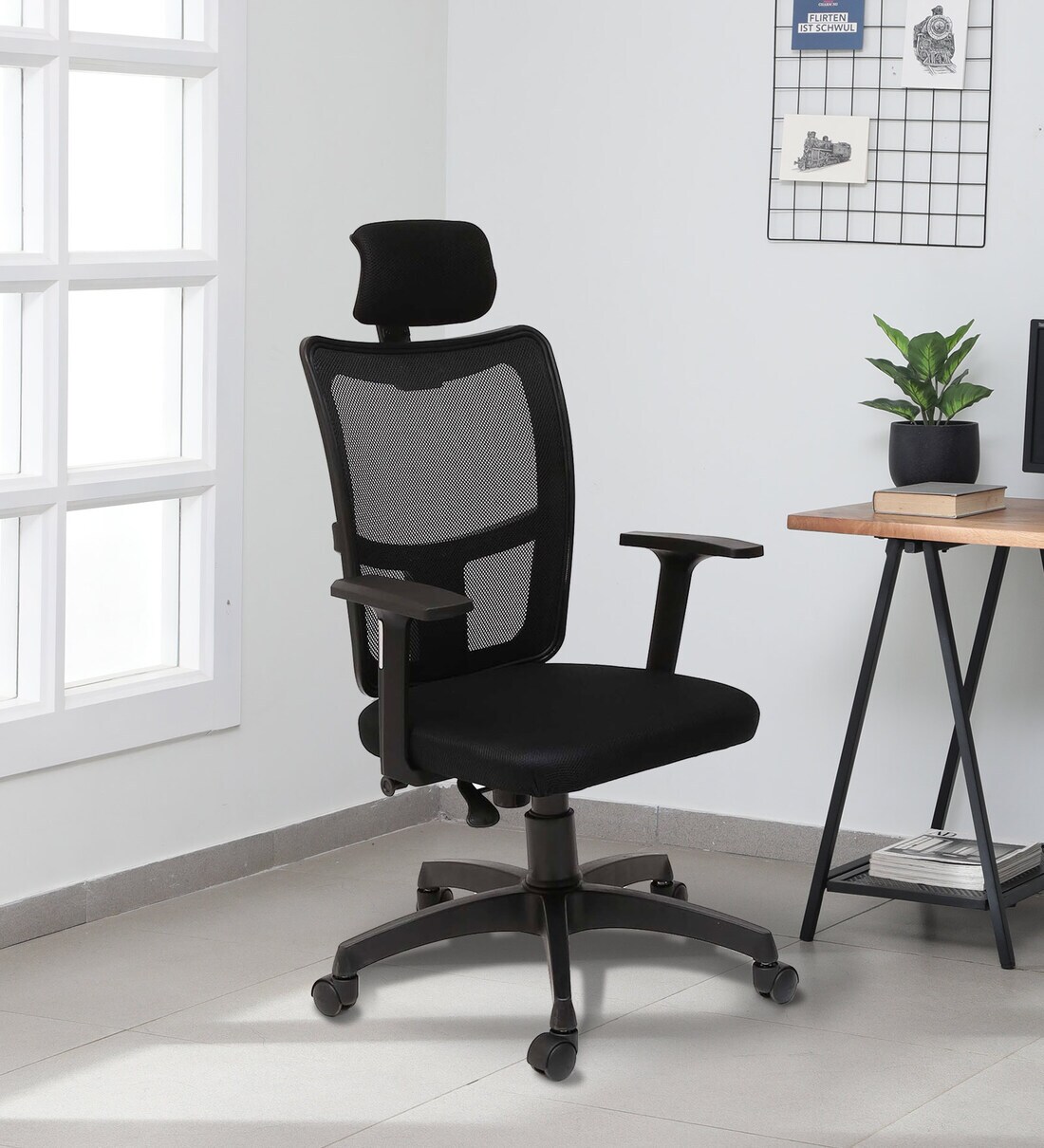 Rei Breathable Mesh Ergonomic Chair in Black Colour with Headrest,