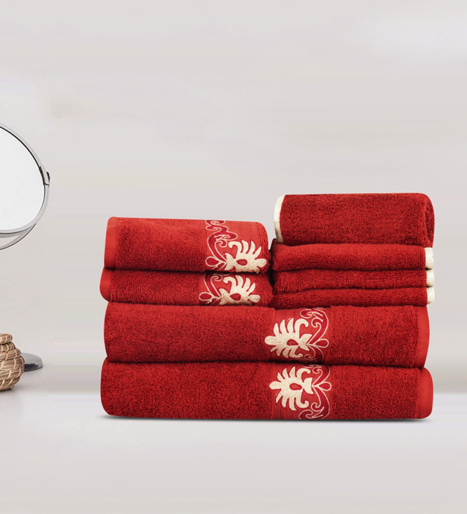 Buy Red Cotton Patterned 500 GSM Towel Set 8 Pieces by Lush & Beyond at
