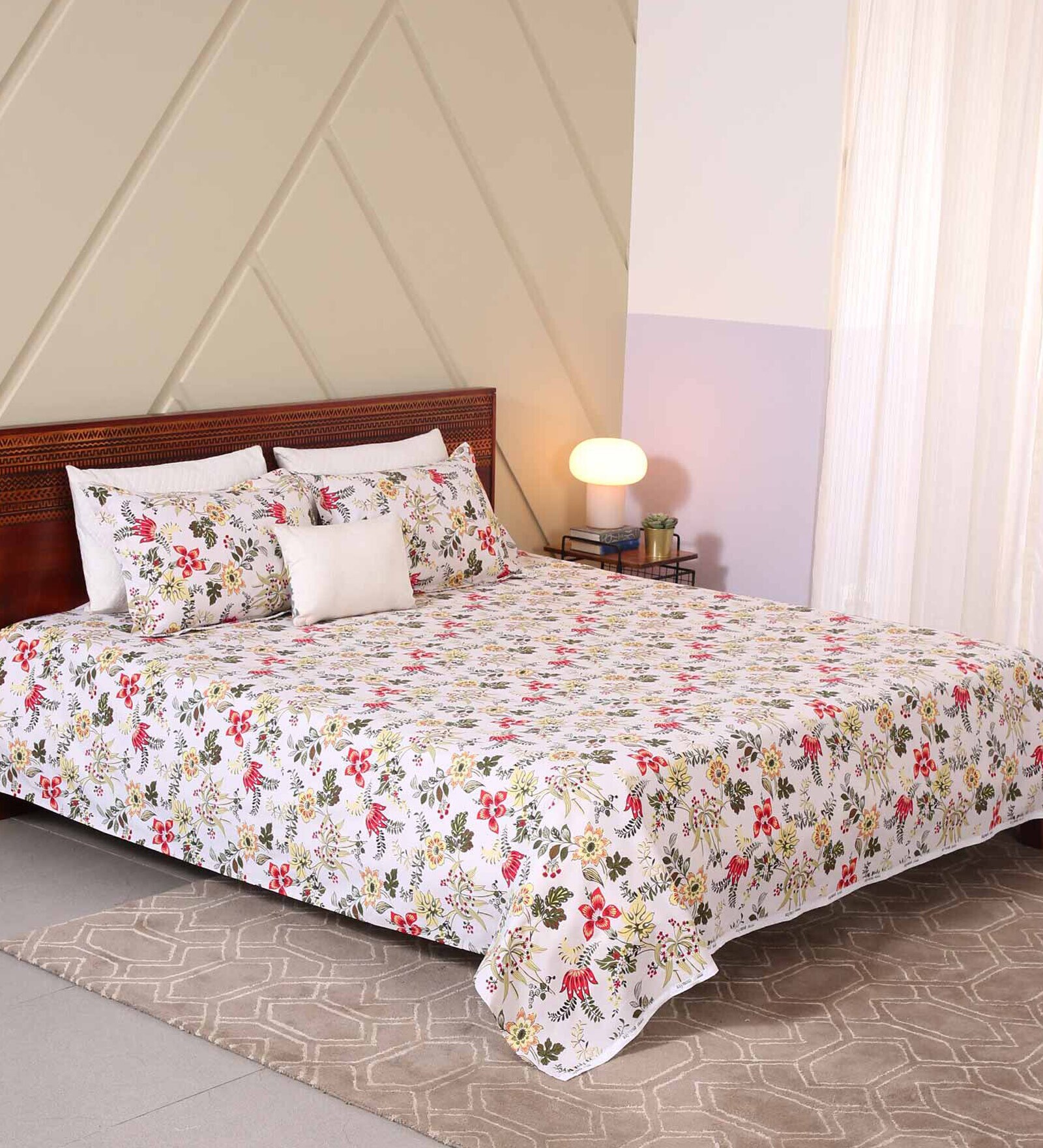 Buy Red Floral 120 TC Cotton King Sized Bed Sheets with 2 Pillow Covers by Raymond Home Online