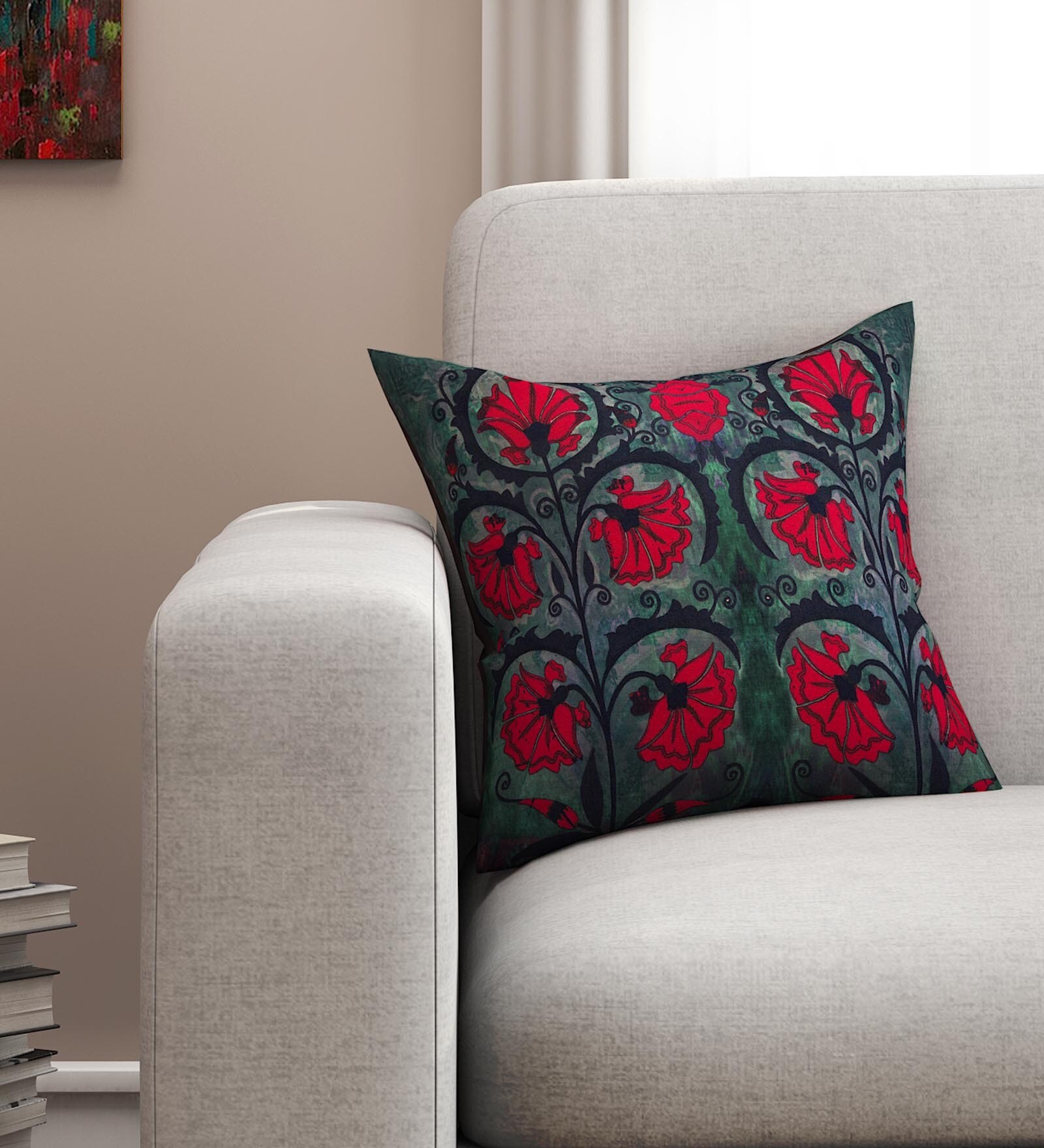 Buy Red Floral PolyCotton 16 x 16 Inches Cushion Cover by SEJ By Nisha Gupta Online Nature