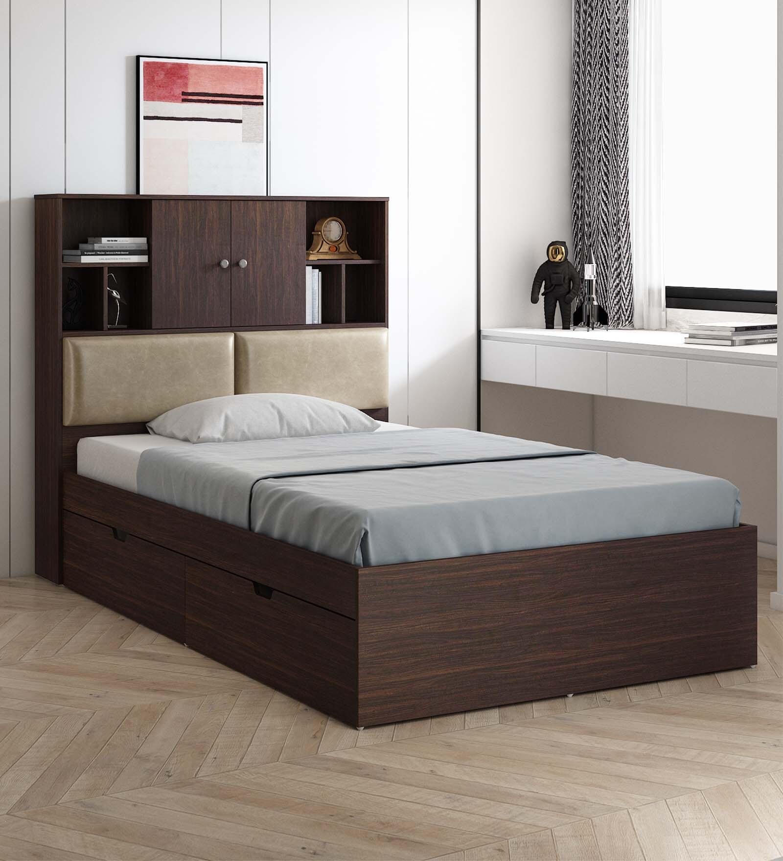 Buy Ryno Queen Size Bed in Choco Walnut Finish with Drawer Storage at