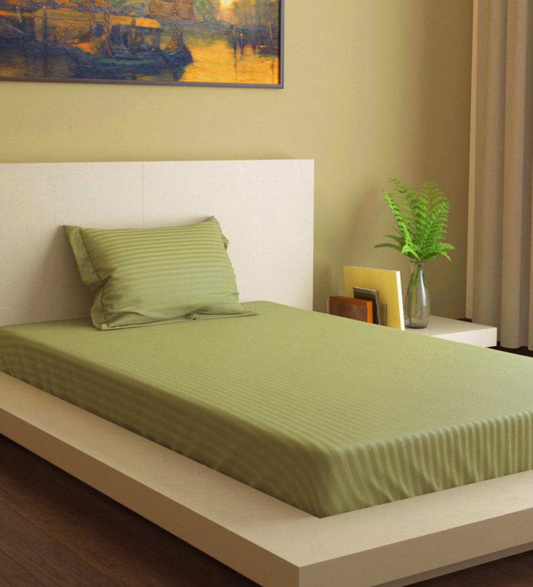 Buy Green Striped 400 TC Cotton Blend Single Bed Sized Bed Sheets With
