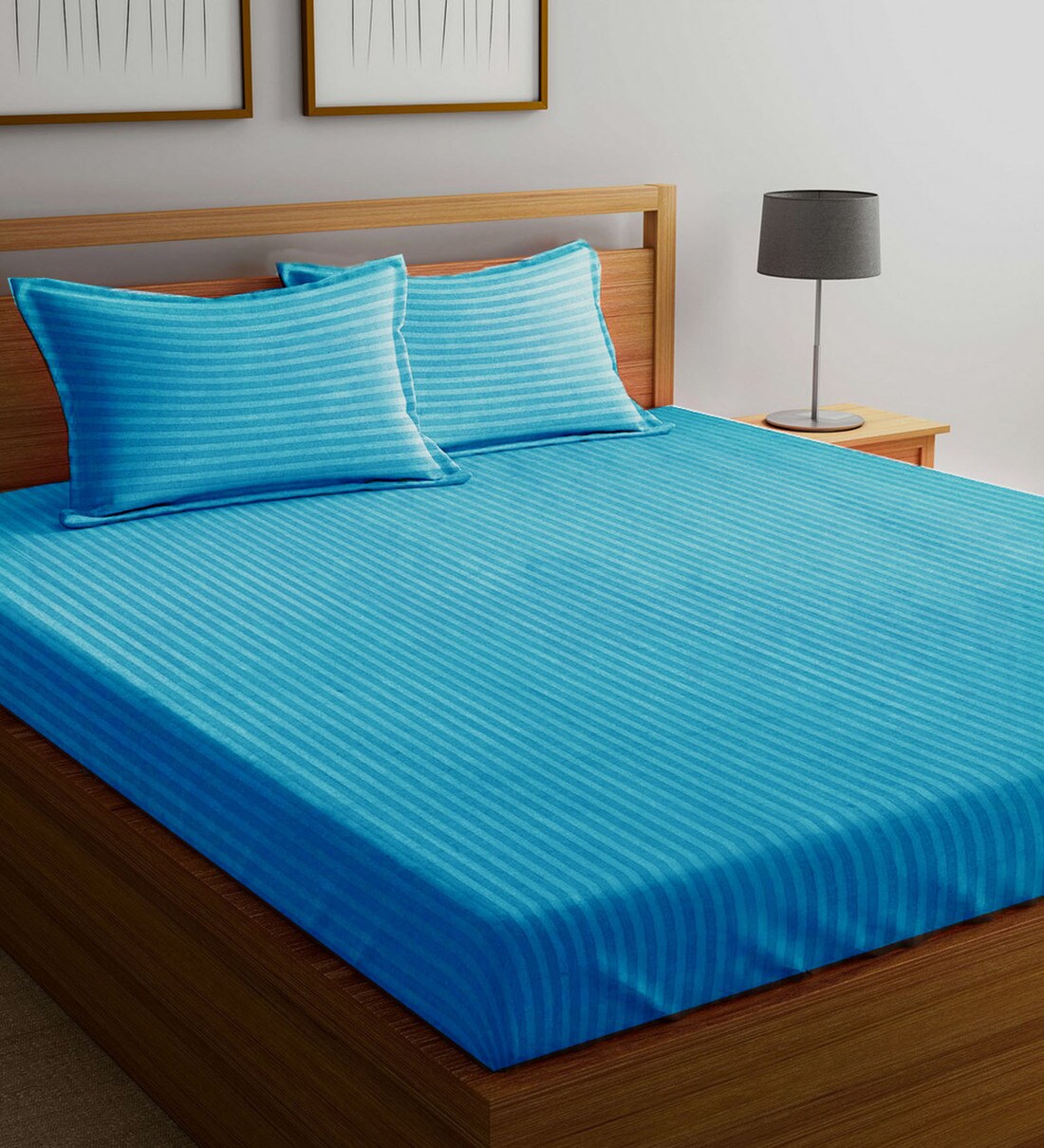 Buy Blue Solid 210 TC Cotton 1 Double King Size Bedsheet with 2 Pillow Covers by Mark Home