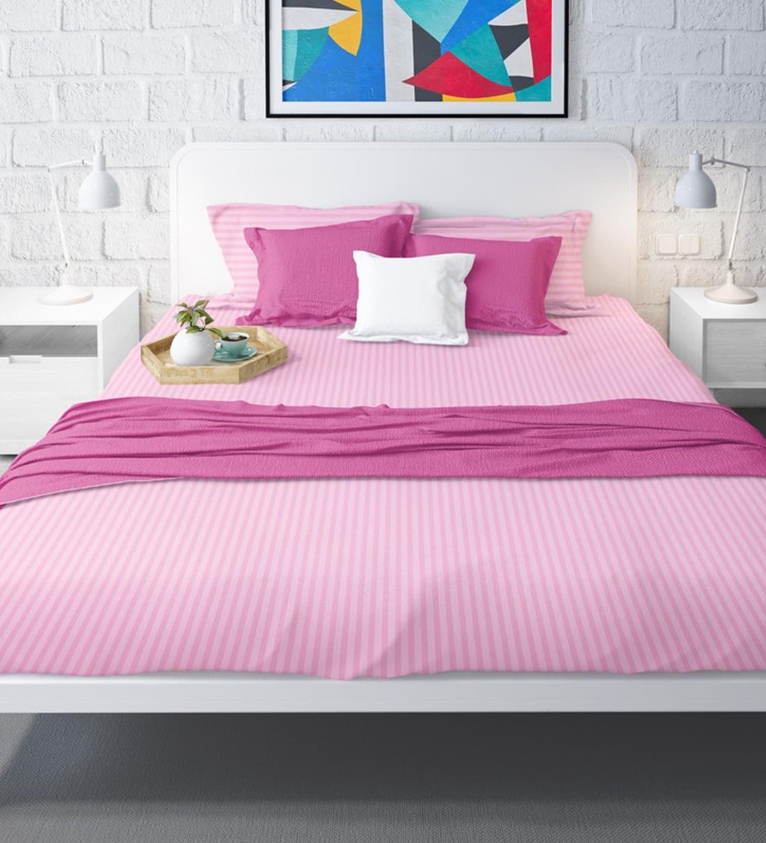 Buy Pink Striped 210 TC Satin Double Size Bedsheet With 2 Pillow Covers