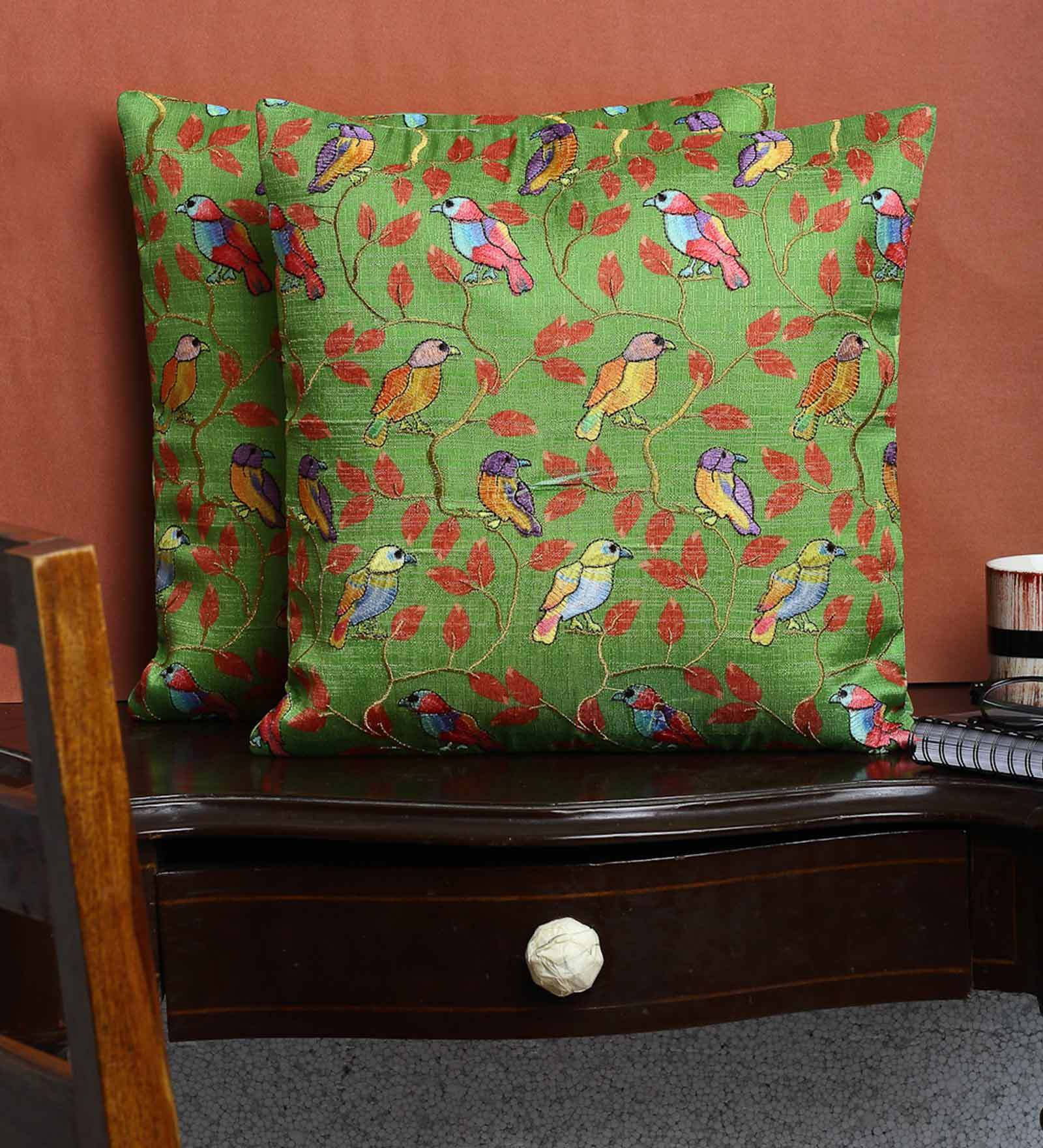 Buy Green Floral Satin 16 x 16 Inches Cushion Covers (Set of 2) by