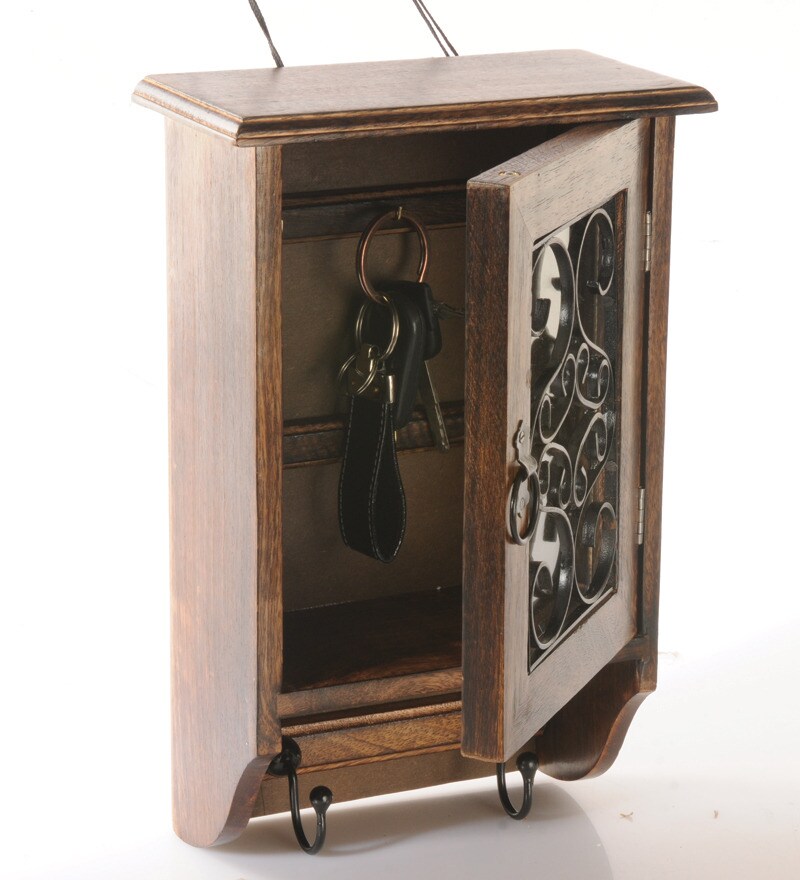 Buy Brown & Black Mango Wood & Iron Decorative Key Box by Saaga Online