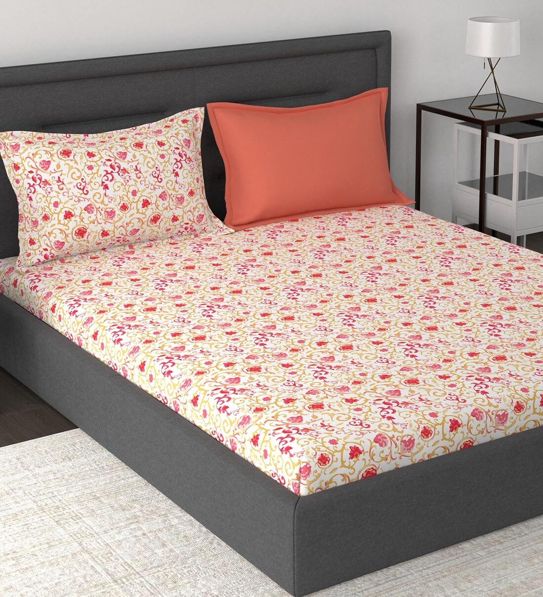 Buy Pink Floral 210 TC Cotton 1 Double King Size Bedsheet with 2 Pillow