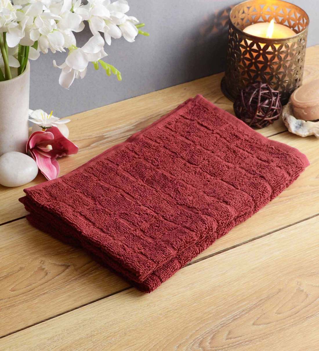 Buy Maroon Solid 280 GSM Cotton Hand Towel (Set of 2) by Softweave at