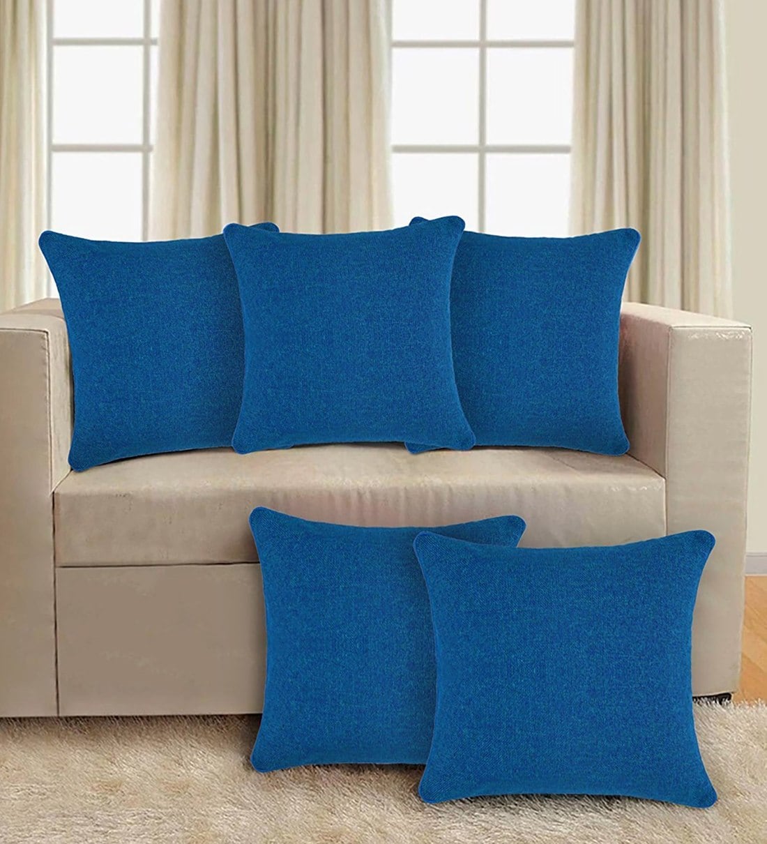 Buy Blue Solid Jute 16 x 16 Inches Cushion Covers (Set of 5) by Hosta