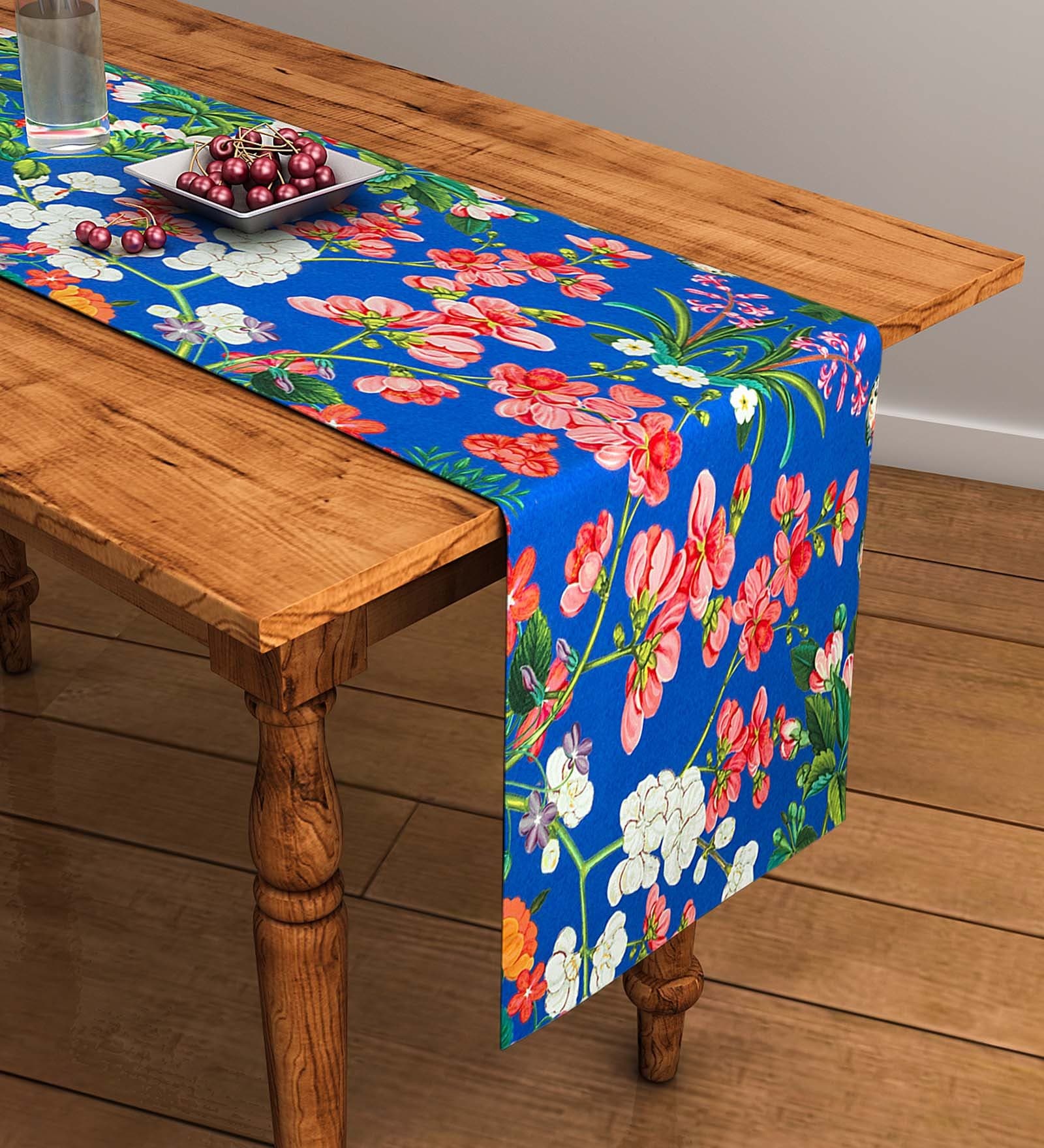 Buy Floral (47x12) Blue & Red Cotton Table Runner Online Table
