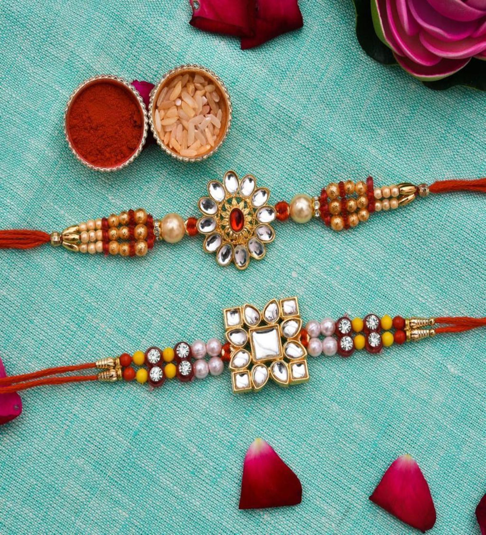 Buy Set of 2 Beads, Pearls, Diamond Designer Rakhis with Red Thread ...