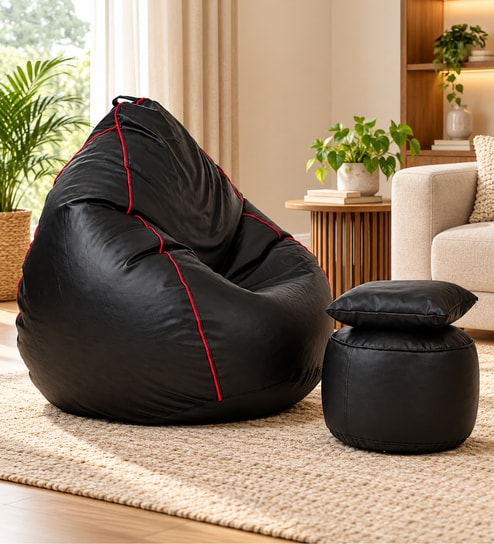 Serene 3XL Leatherette Bean Bag With Beans With Footrest & Cushion In Black with Pink Piping