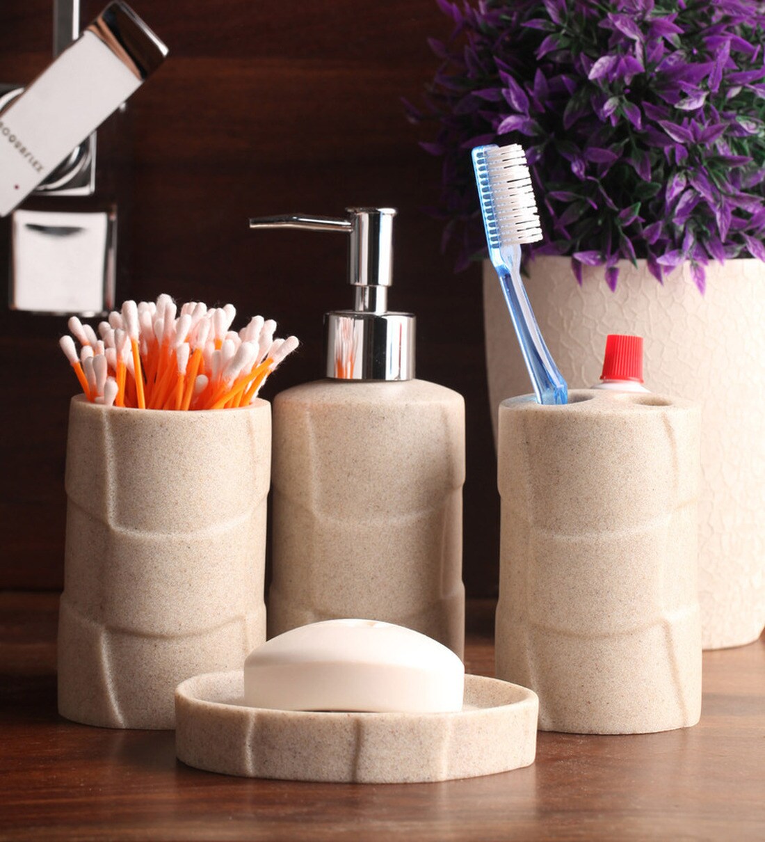 Buy Polyresin Counter Top Bathroom Accessories in Brown, Set of 4 by