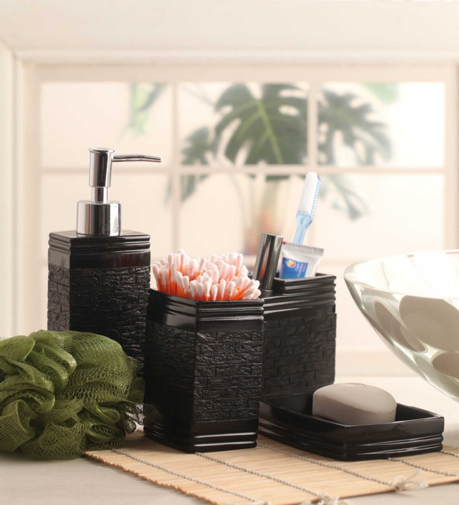 Buy Black Polyresin Recto Counter Top Bathroom Accessories, Set of 4 at