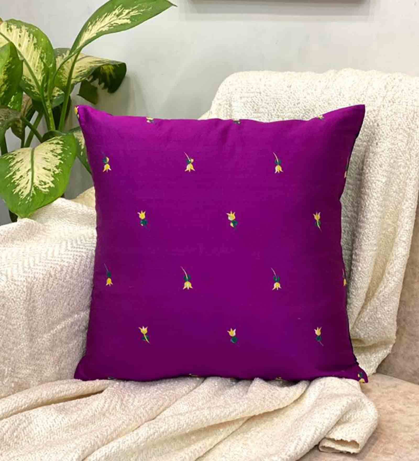 Buy Purple Traditional Silk 16 x 16 Inches Embroidered Cushion Cover by