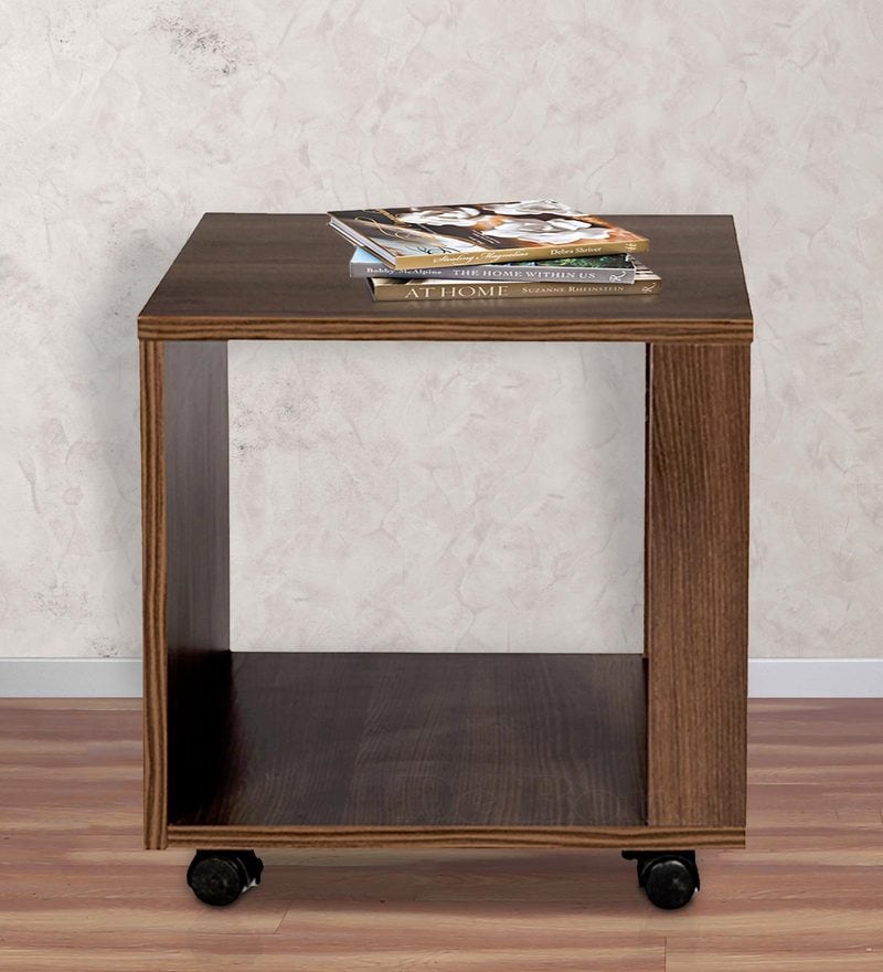 Buy Zee S Shaped Glass Side Table with Wheels by Durian Online ... - Slim End Table in Acacia Dark Matt Finish by Debono