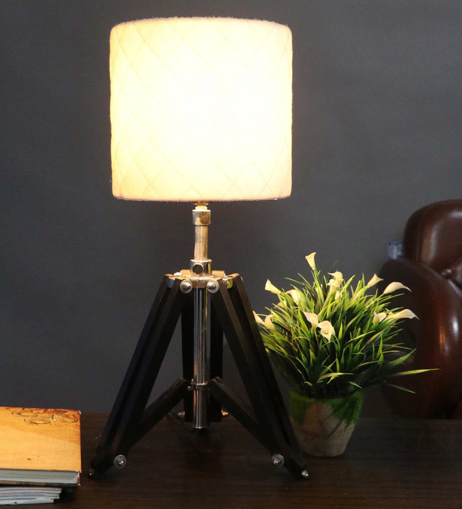Buy Small Black Tripod Table Lamp With White Cushion Lampshade By Black