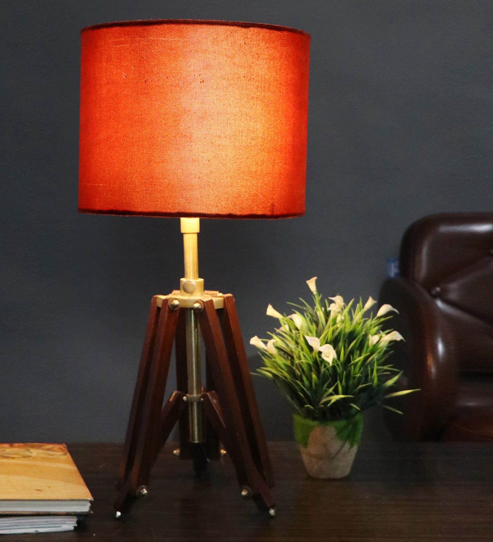 Buy Small Brass Table Lamp With Drum Shaped Rusty Velvet Lampshade By