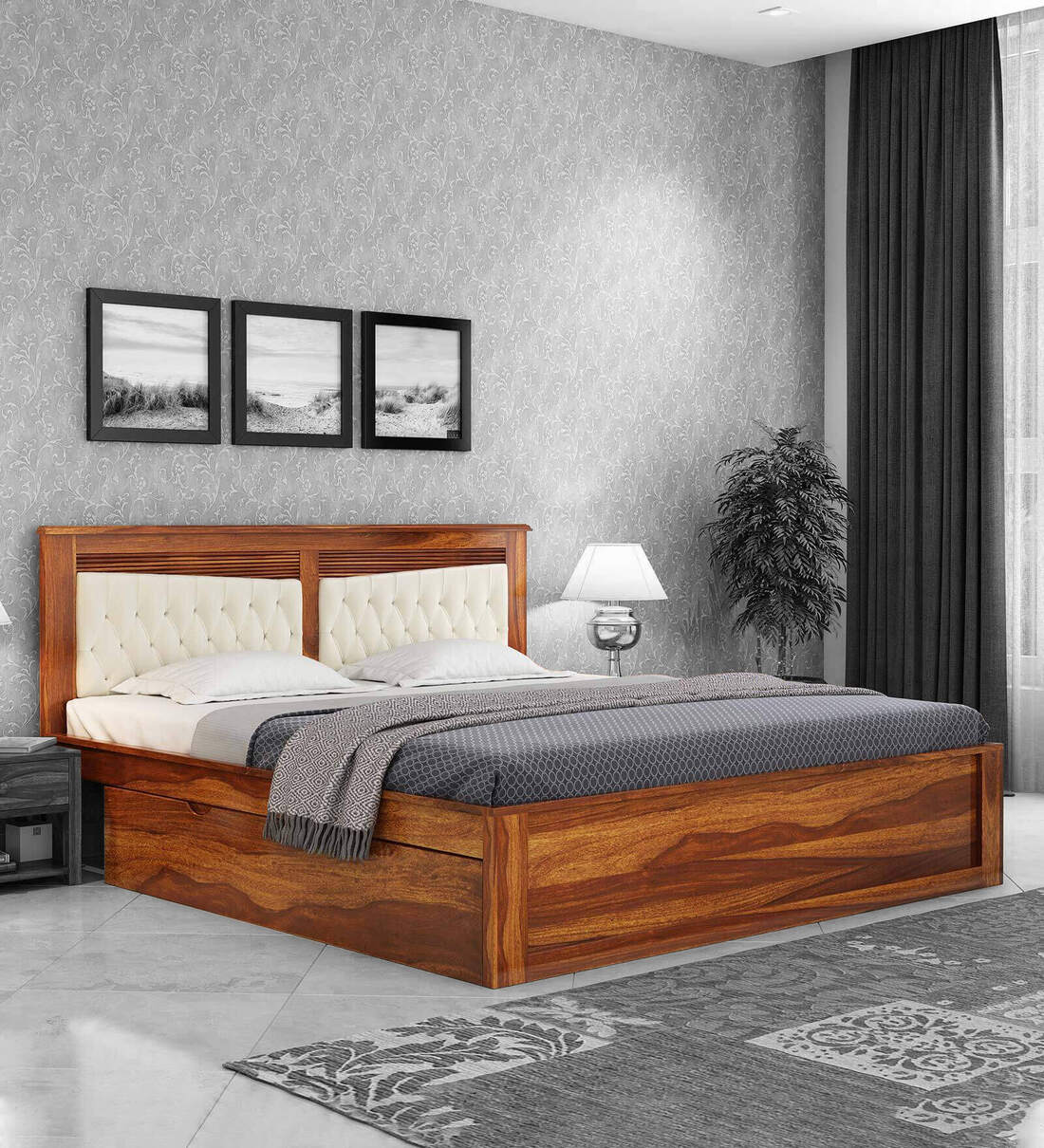 Buy Spanish Sheesham Wood King Size Bed in Teak Finish with Drawer ...